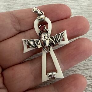 Sterling Silver Hand Carved Bone Ankh Scarab Pendant -Egyptian Symbol-Garnet